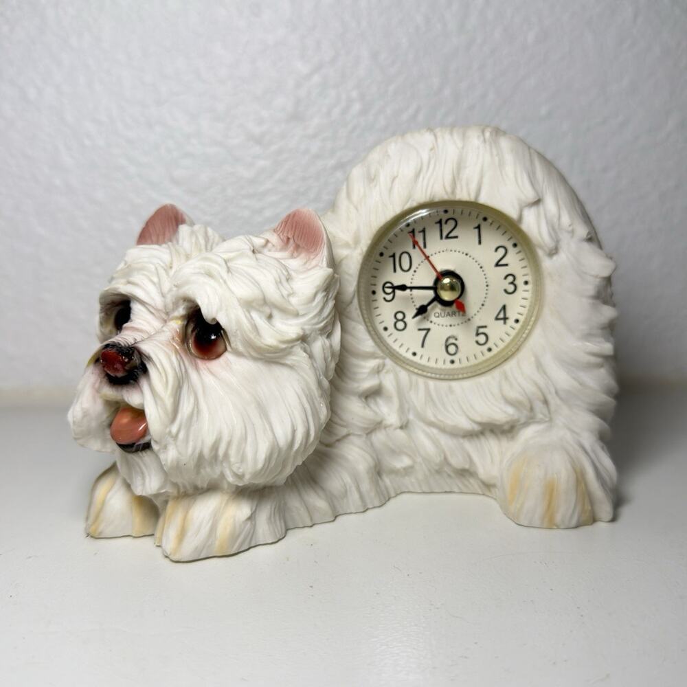 Vintage West Highland Terrier Dog Quartz Clock Figurine White Dog Desk Decor